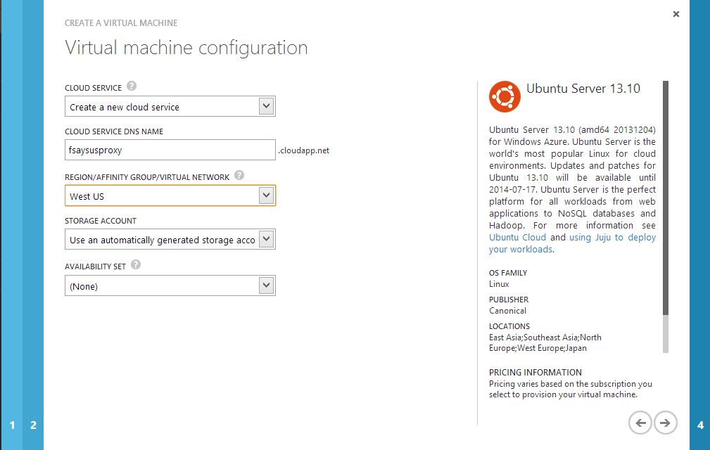 Step 4: select a region for the virtual machine